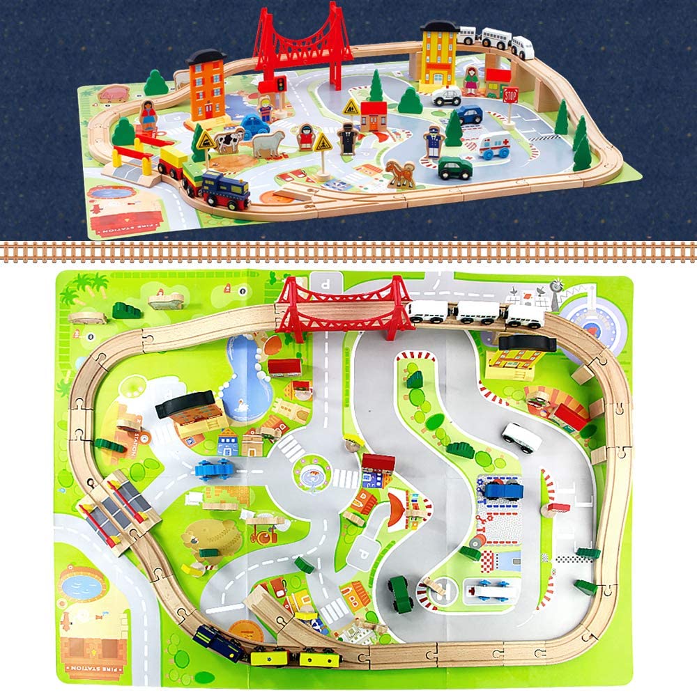 wooden train track parking set