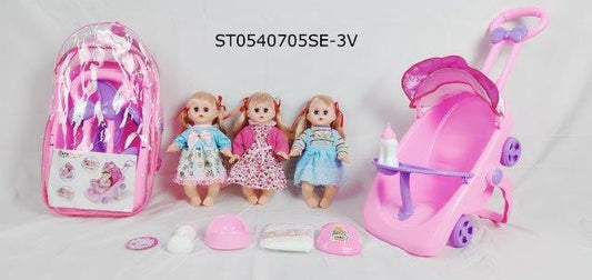 Baby Dolls & Stroller Set – 3 Dolls with Accessories