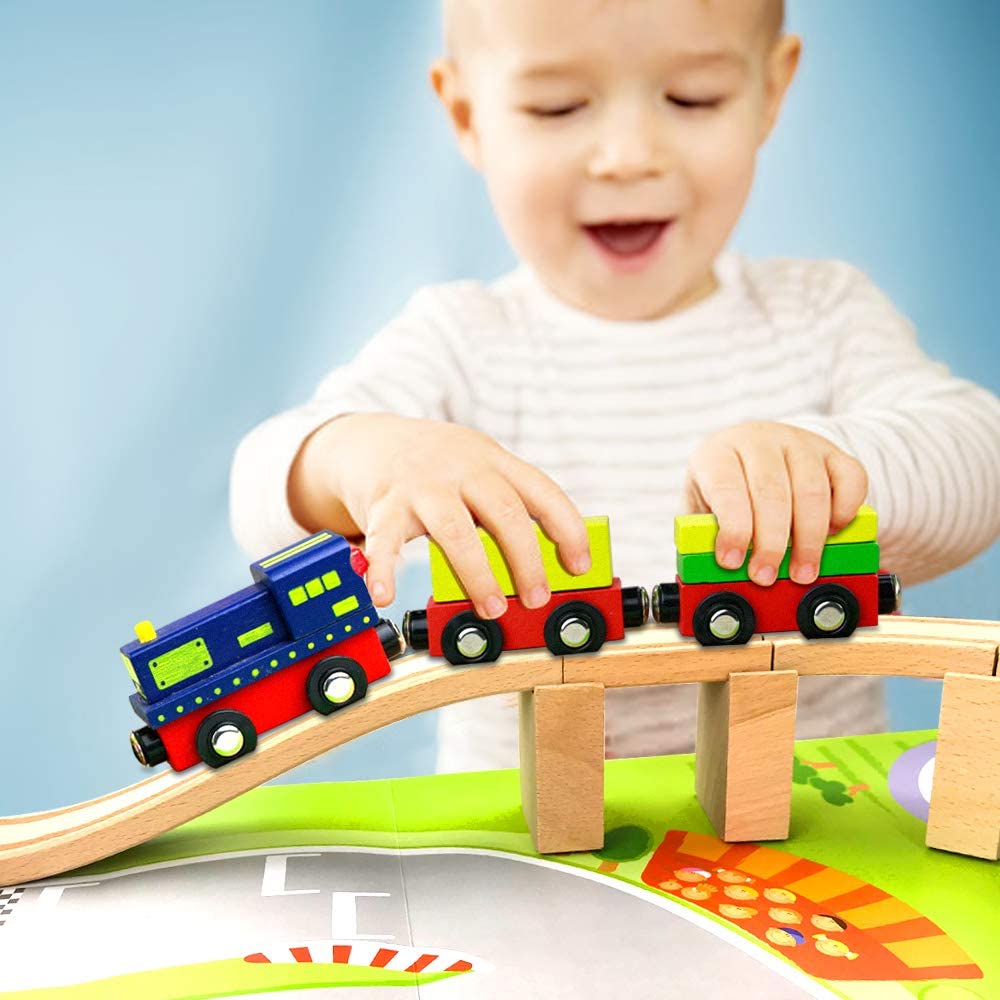 wooden train track parking set