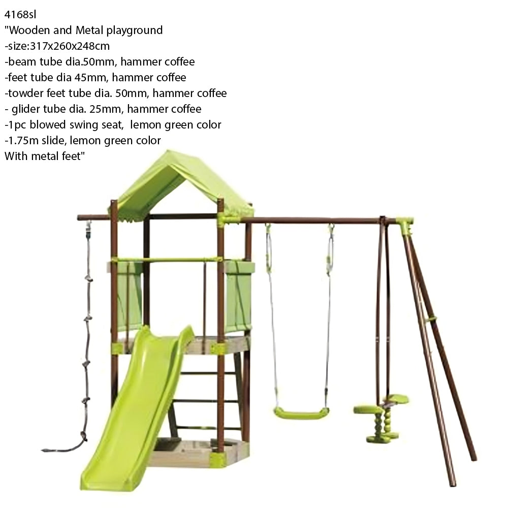 metal and plastic slide, swing, rocker, climber