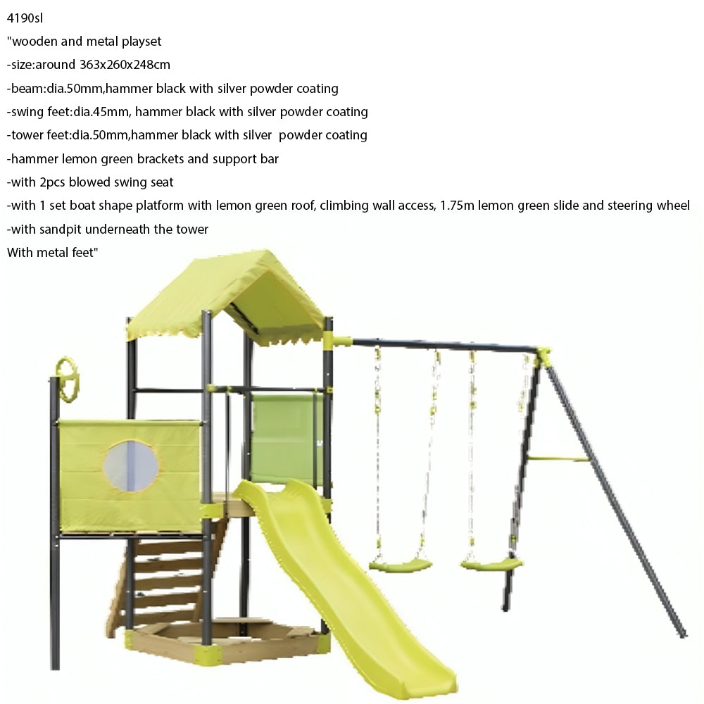 wooden, metal and plastic slide swing beam tower