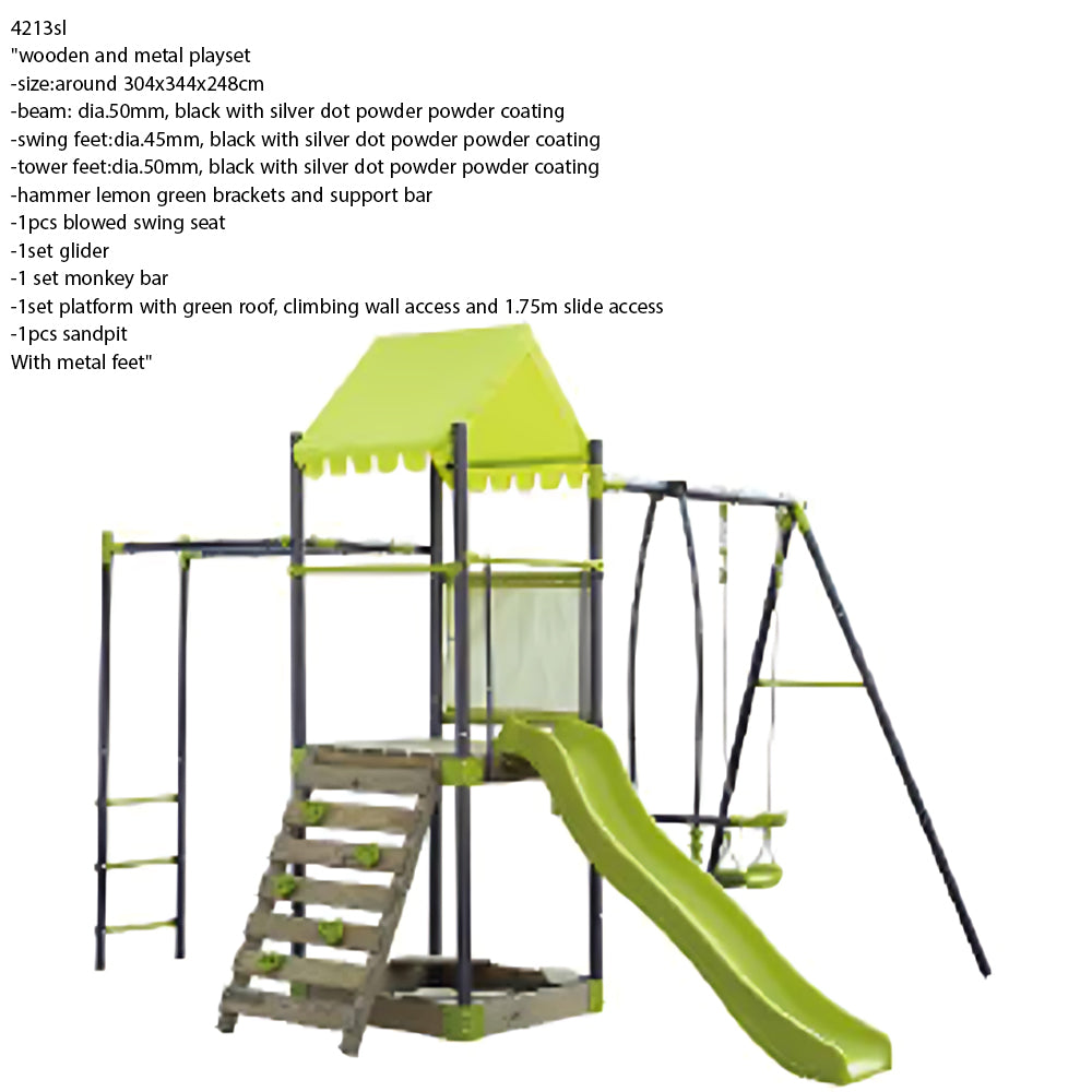 wooden, metal and plastic beam, climber, slide, swing tower