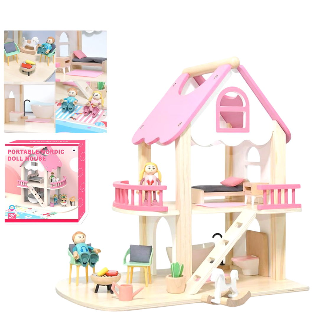 Portable Wooden Doll House Playset