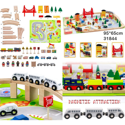 wooden train track parking set