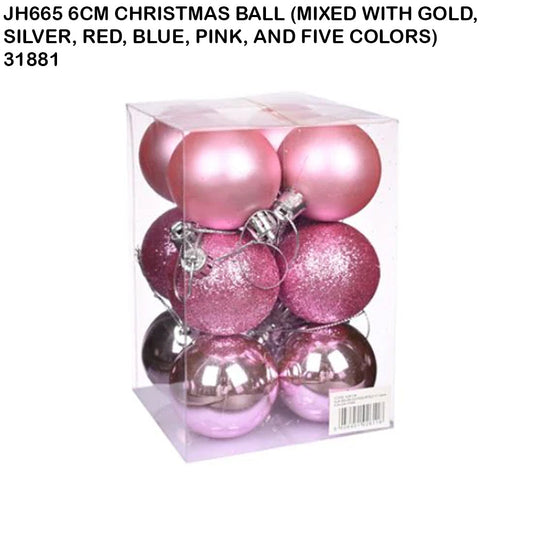 6cm Christmas Ball Ornaments (Gold, Silver, Red, Blue, Pink) – 12pcs Box