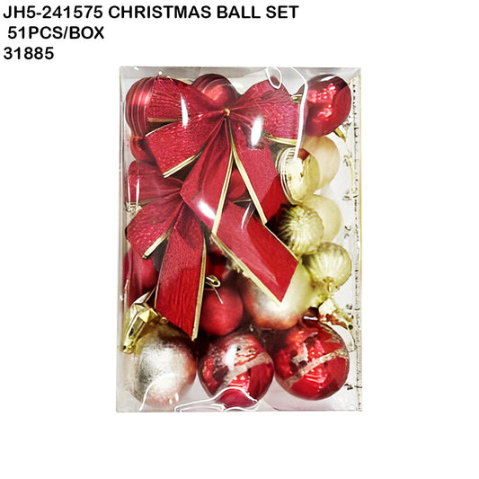 51pcs Christmas Ball Set with Ribbon – Red & Gold Mix