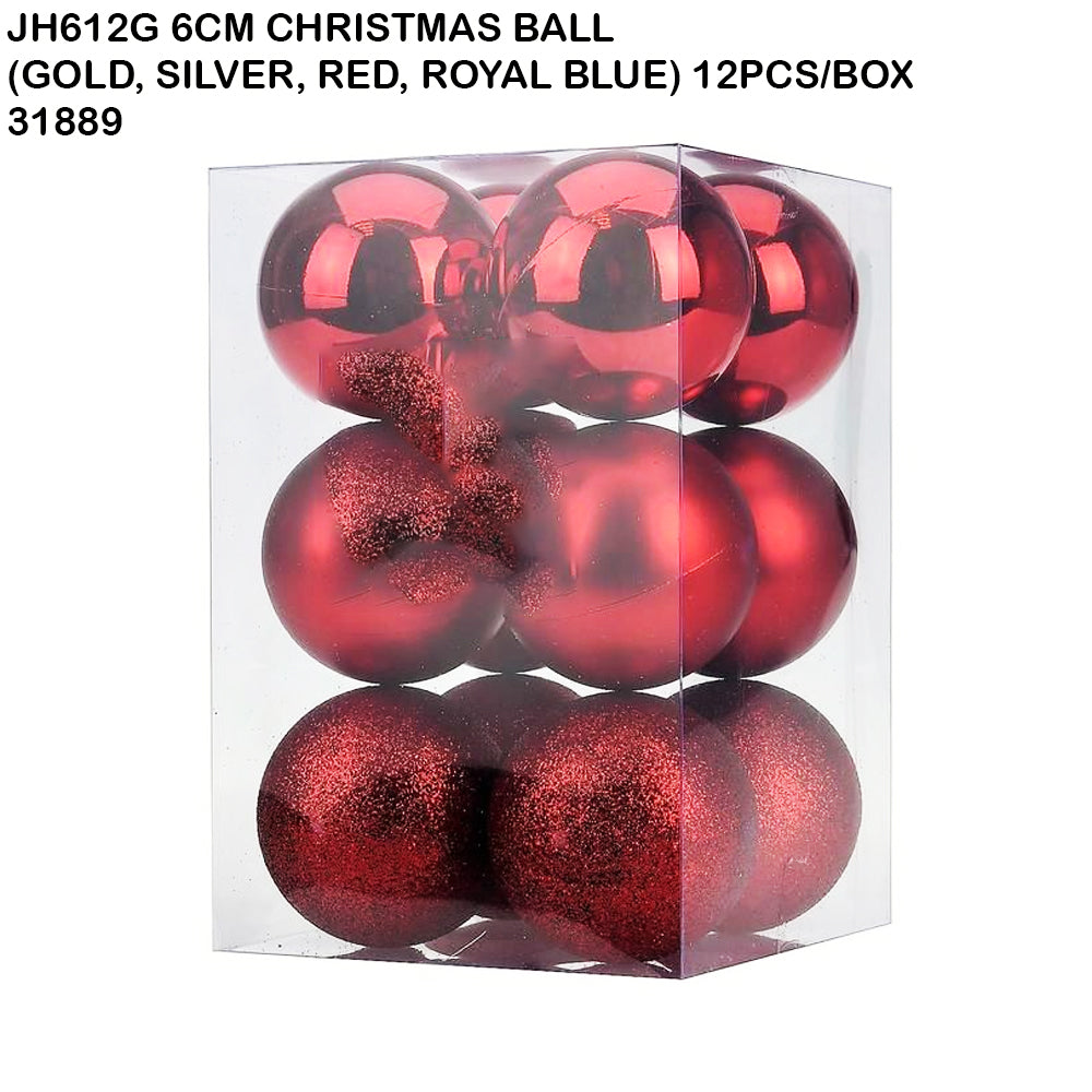 6cm Christmas Ball Ornaments (Gold, Silver, Red, Royal Blue) – 12pcs Box