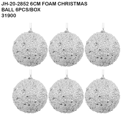 6cm Foam Christmas Ball – Silver Glitter (6pcs Box)
