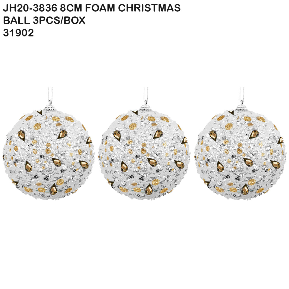 8cm Foam Christmas Ball – Silver & Gold Glitter (3pcs Box)