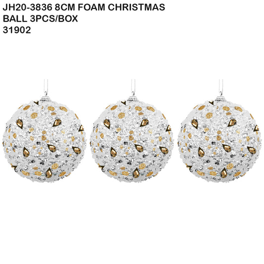 8cm Foam Christmas Ball – Silver & Gold Glitter (3pcs Box)