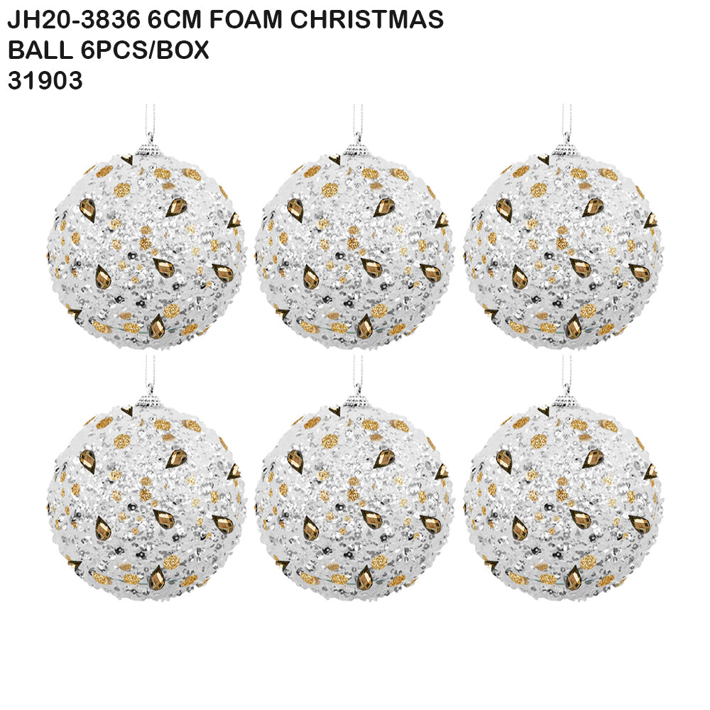 6cm Foam Christmas Ball – Silver & Gold Glitter (6pcs Box)