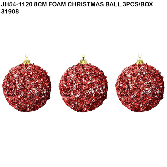 8cm Foam Christmas Ball – Red Sequin (3pcs Box)
