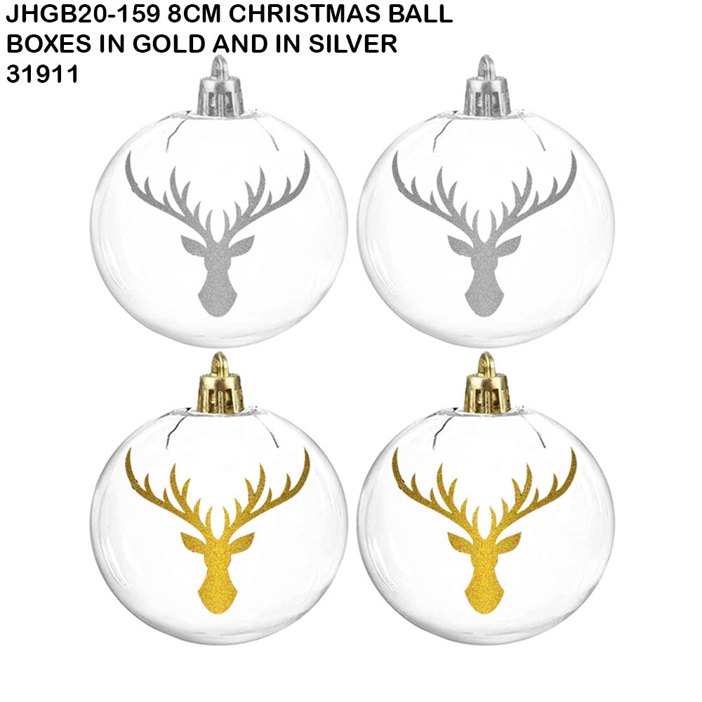 8cm Transparent Christmas Ball with Reindeer Print – Gold or Silver