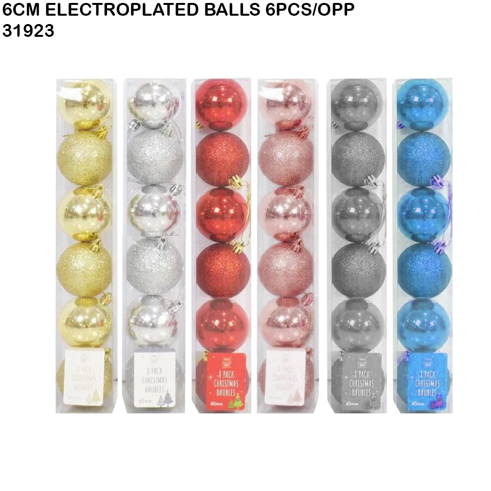 6cm Electroplated Christmas Balls – 6pcs Box (Assorted Colors)