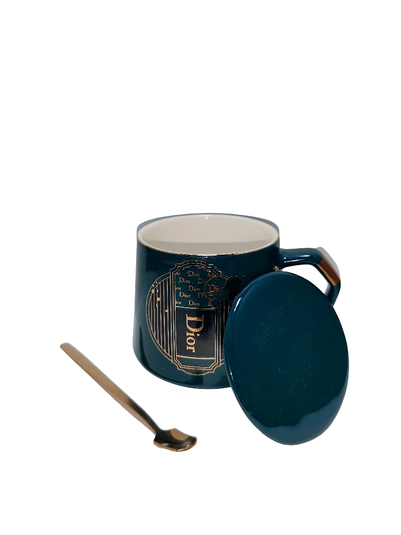 Dior Style Ceramic Mug with Lid & Spoon