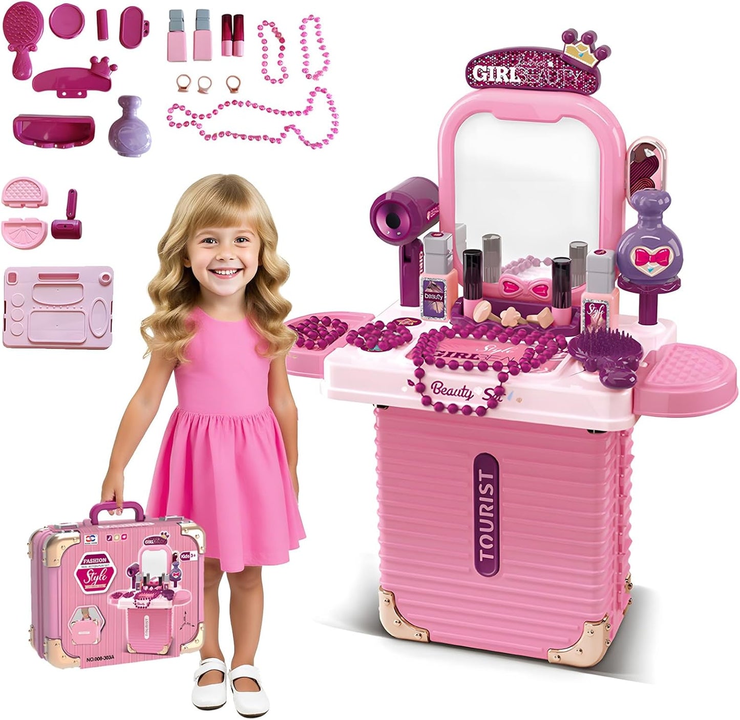 Makeup Toy Set, Jewelry Make Up Set Toys with Beauty Suitcase for Girls