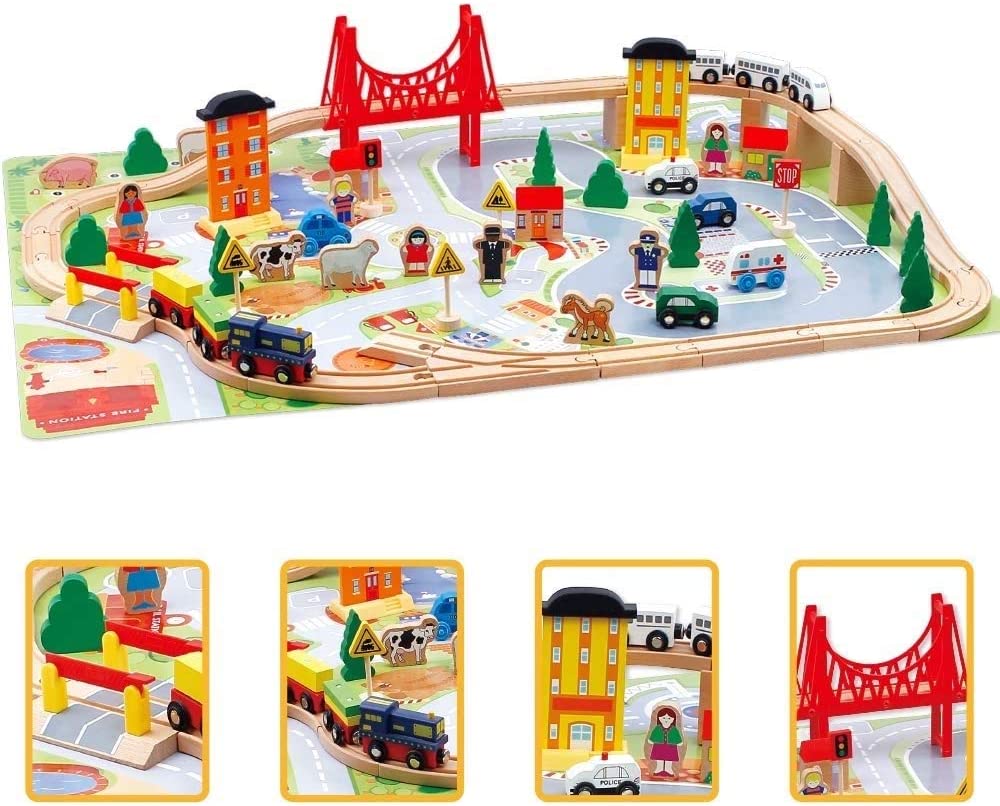 wooden train track parking set