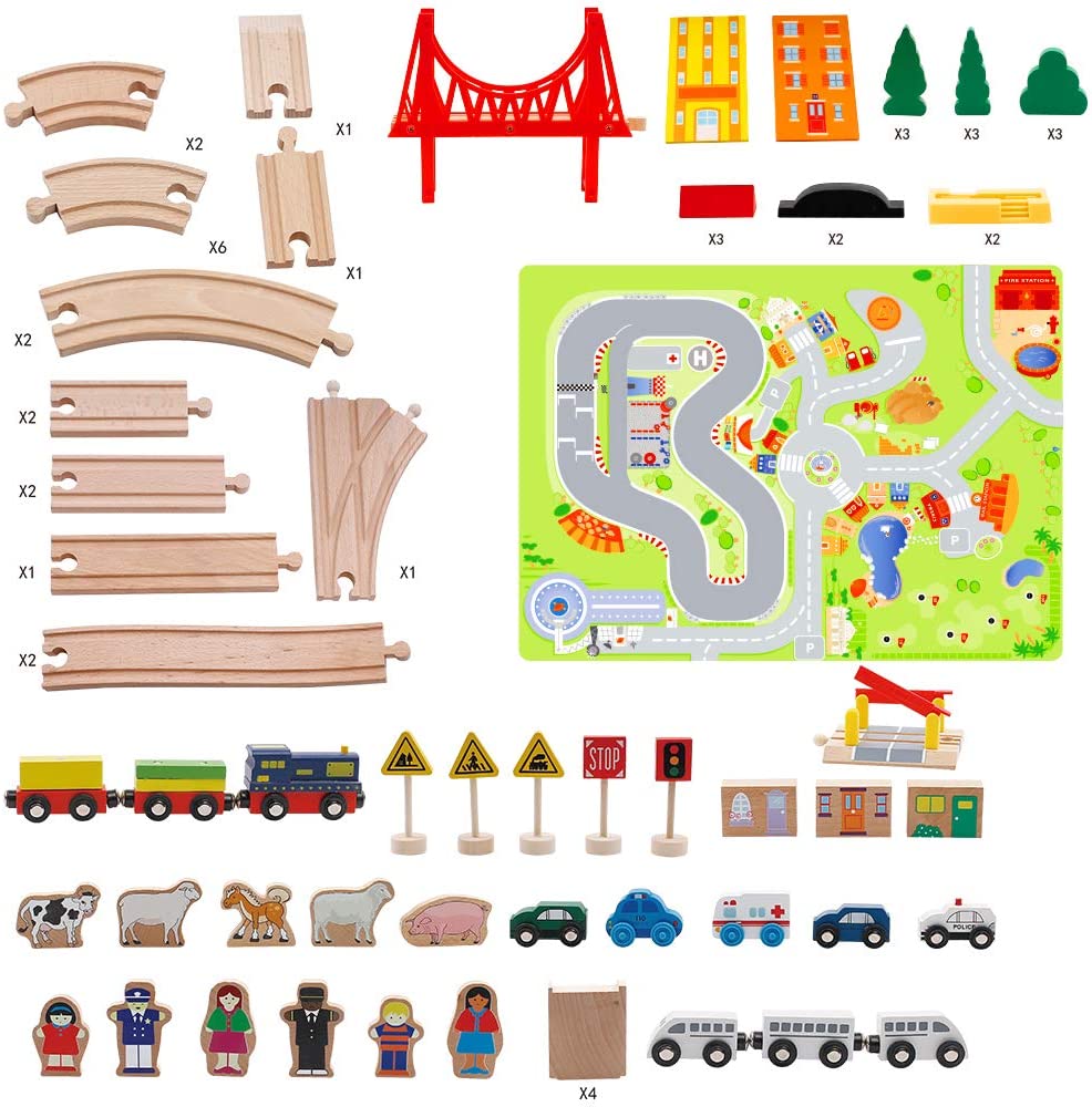 wooden train track parking set