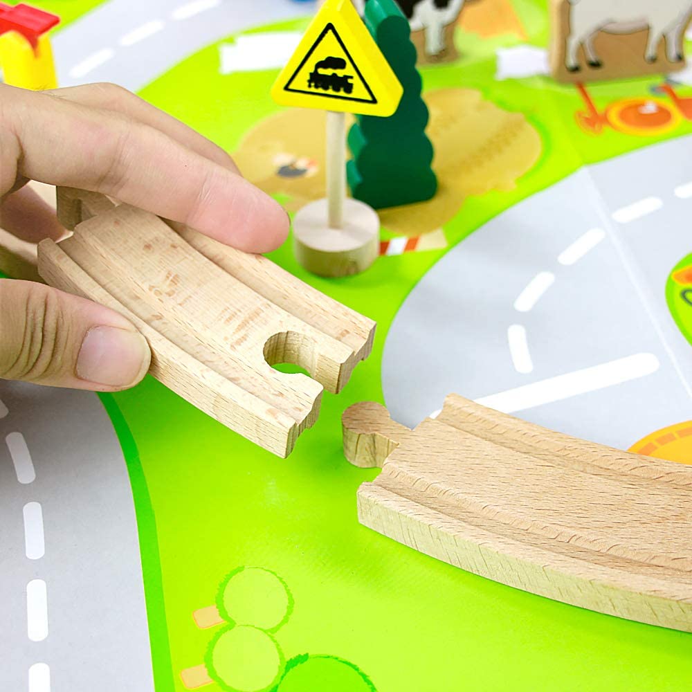 wooden train track parking set