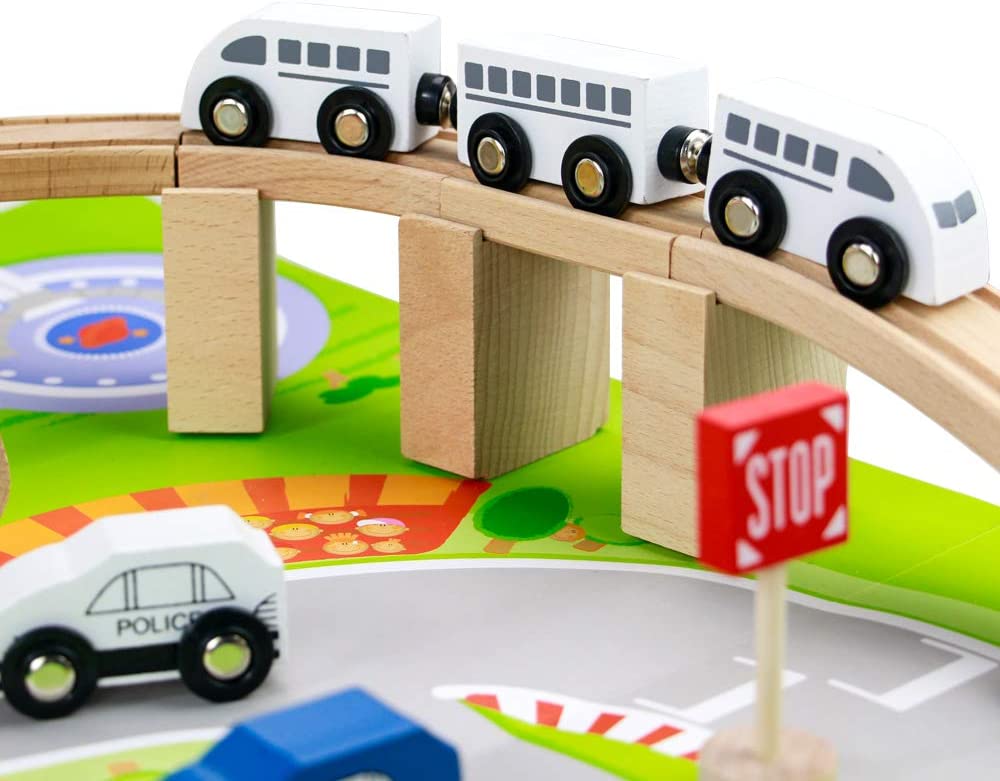 wooden train track parking set