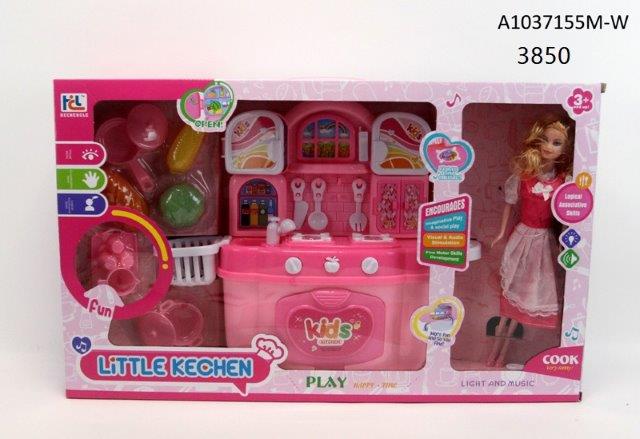 barbie doll and kitchen set