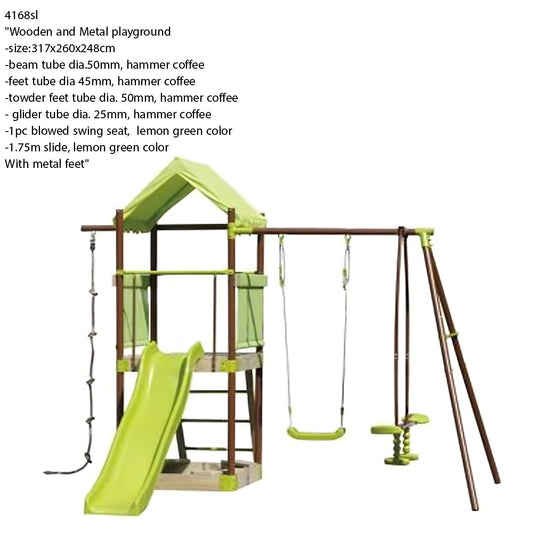 metal and plastic slide, swing, rocker, climber