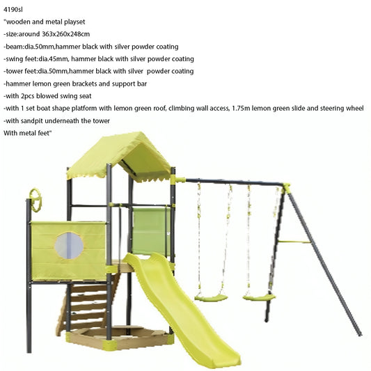 wooden, metal and plastic slide swing beam tower