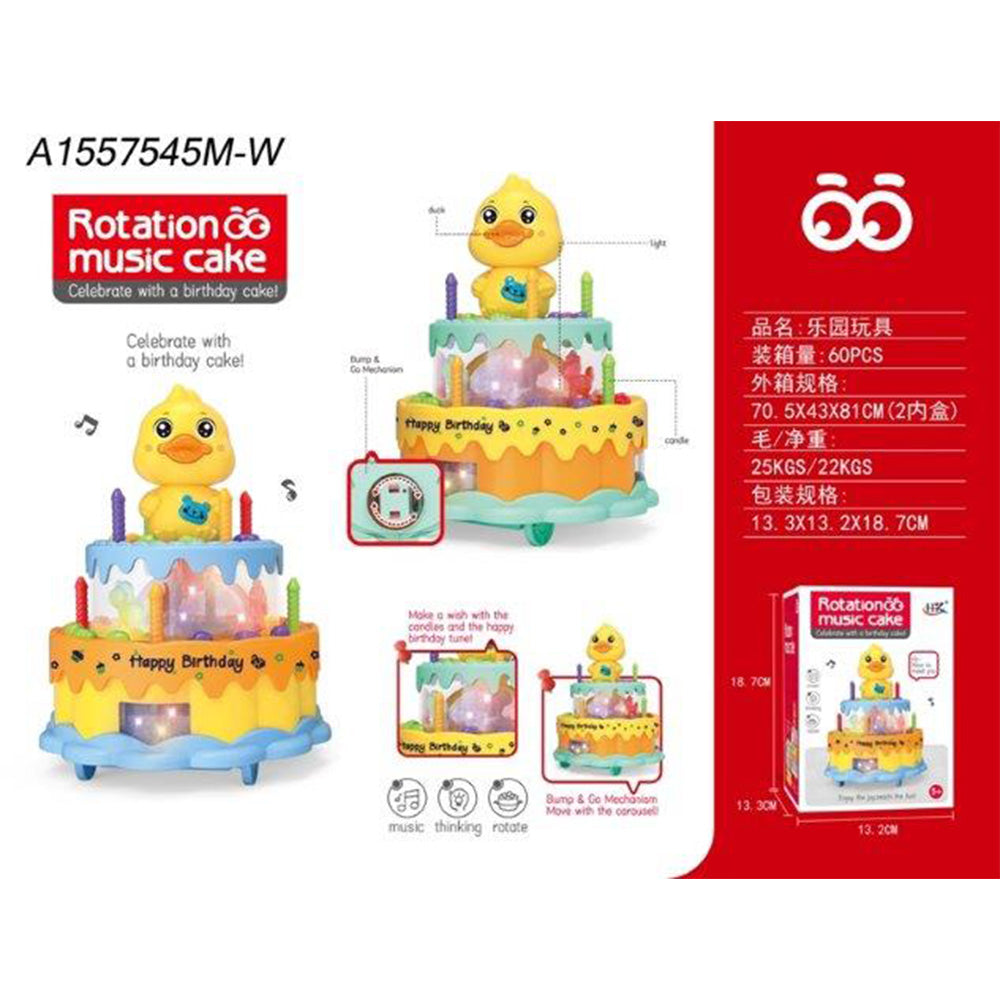 Rotating birthday cake toy with duck topper and music