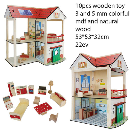 wooden dollhouse with miniature wooden furniture