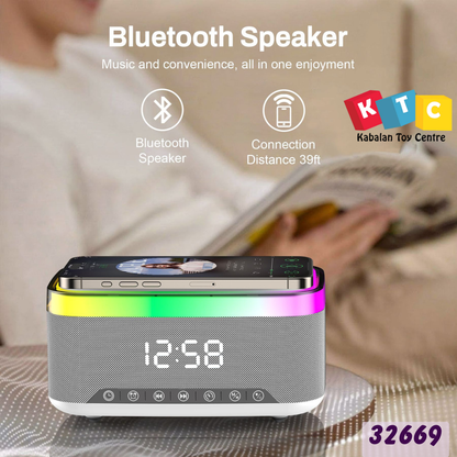Alarm clock with speaker and wireless charging function with light
