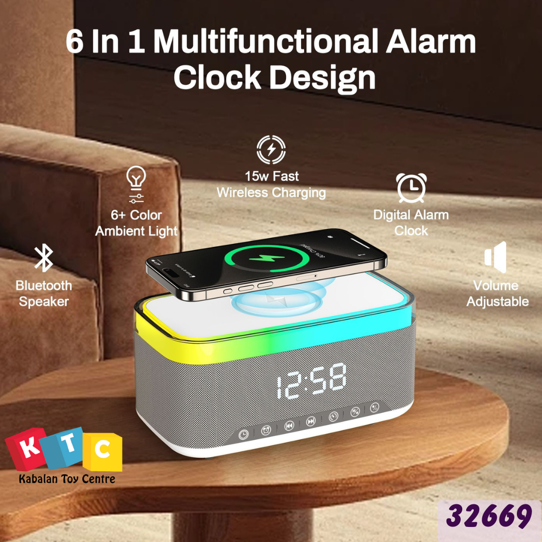 Alarm clock with speaker and wireless charging function with light