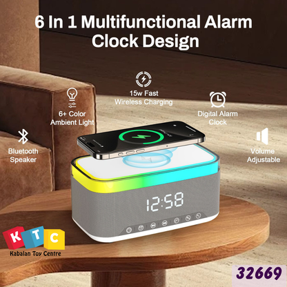 Alarm clock with speaker and wireless charging function with light