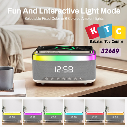 Alarm clock with speaker and wireless charging function with light