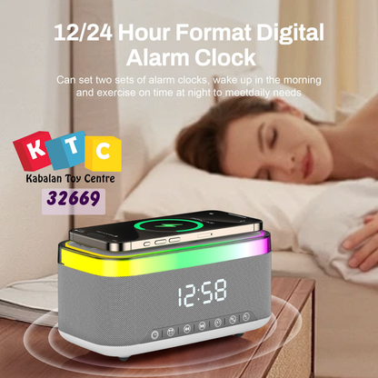 Alarm clock with speaker and wireless charging function with light