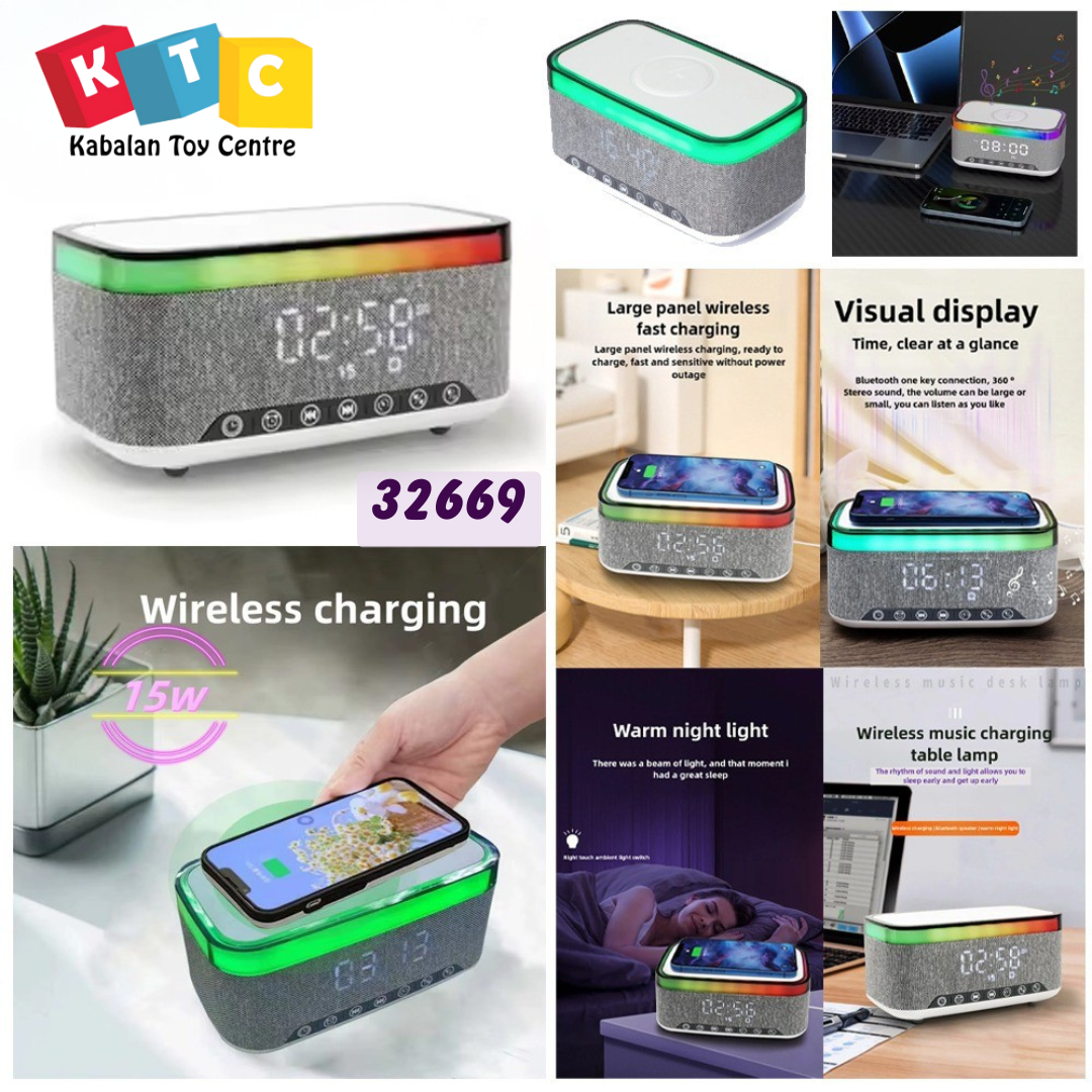 Alarm clock with speaker and wireless charging function with light