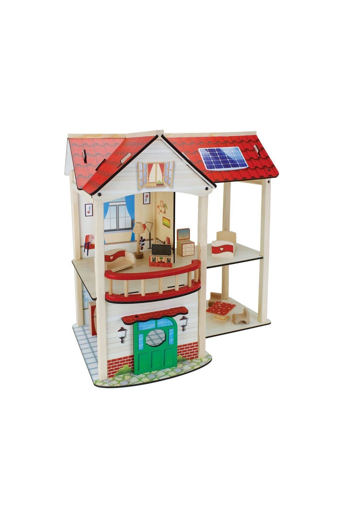 wooden dollhouse with miniature wooden furniture