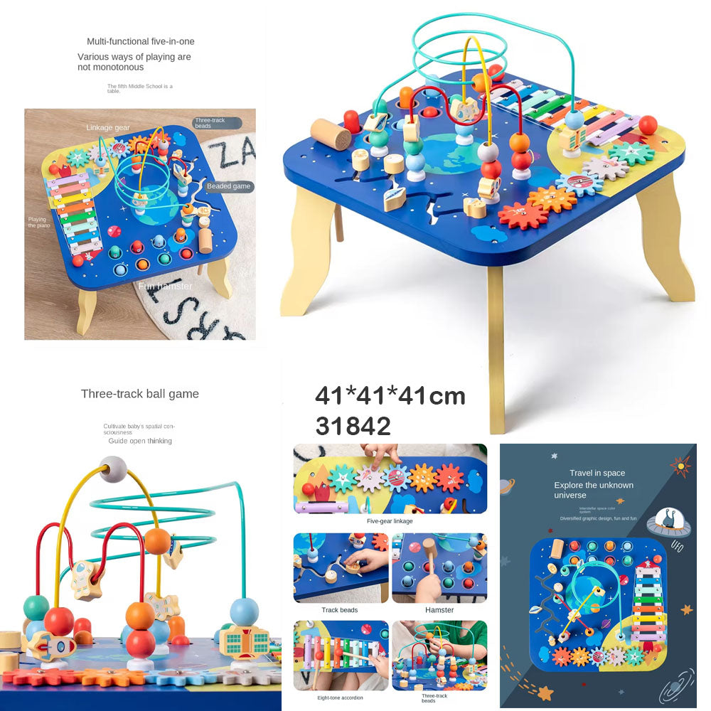 Qiaike 5 In 1 Multifunction Educational Busy Board Montessori Wooden Activity Bead Maze Table For Kids Sensory Teaching