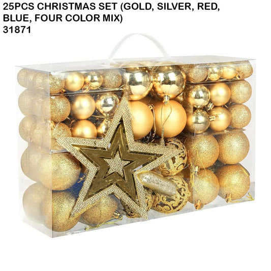 25pcs Christmas Bauble Ornament Set – Gold/Silver/Red/Blue