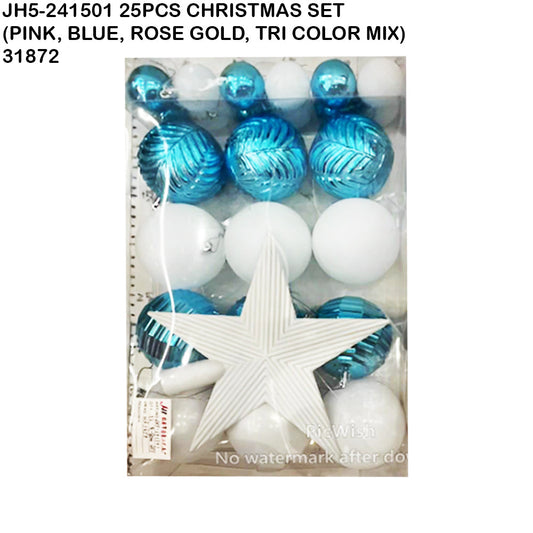 25pcs Christmas Bauble Ornament Set – Pink/Blue/Rose Gold Mix