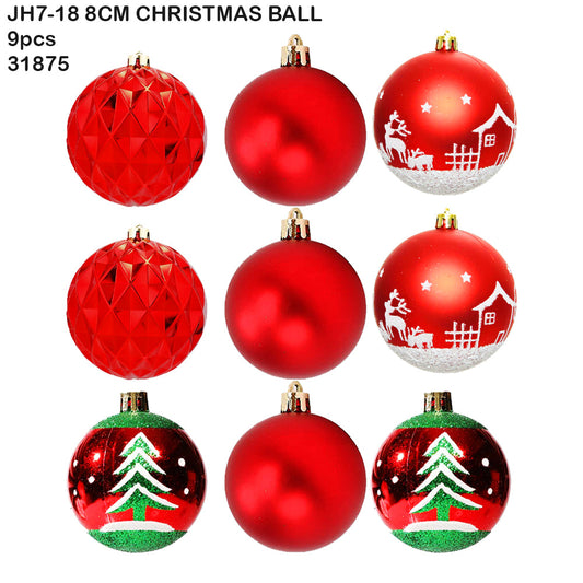 8cm Christmas Ball Ornament Set – 9pcs Red Mix