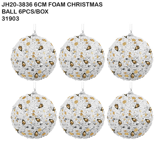 6cm Foam Christmas Ball – Silver & Gold Glitter (6pcs Box)