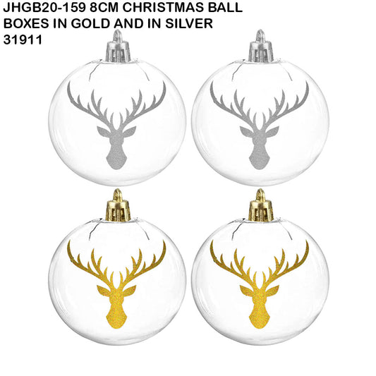 8cm Transparent Christmas Ball with Reindeer Print – Gold or Silver