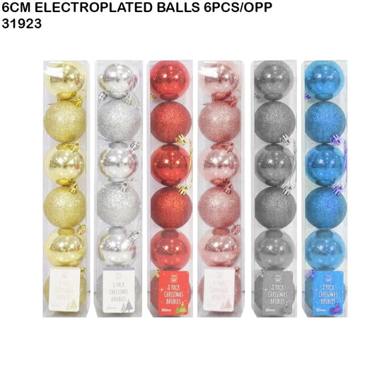 6cm Electroplated Christmas Balls – 6pcs Box (Assorted Colors)