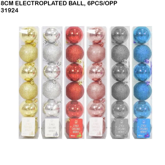 8cm Electroplated Christmas Balls – 6pcs Box (Assorted Colors)