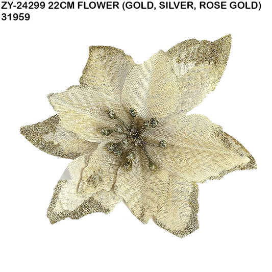 22cm Glitter Christmas Flower – Gold, Silver, Rose Gold