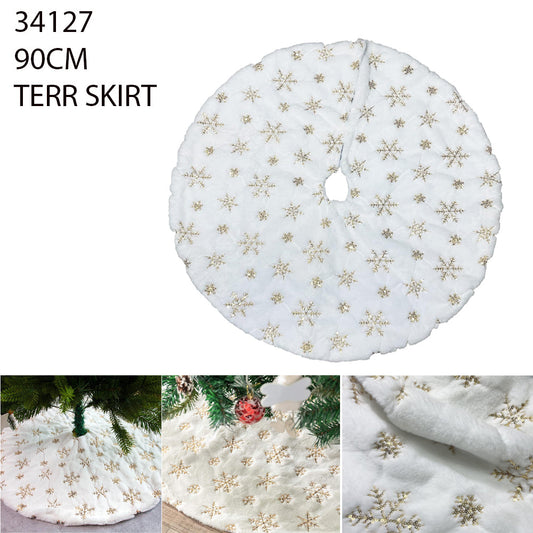 90cm White Christmas Tree Skirt with Gold Snowflakes