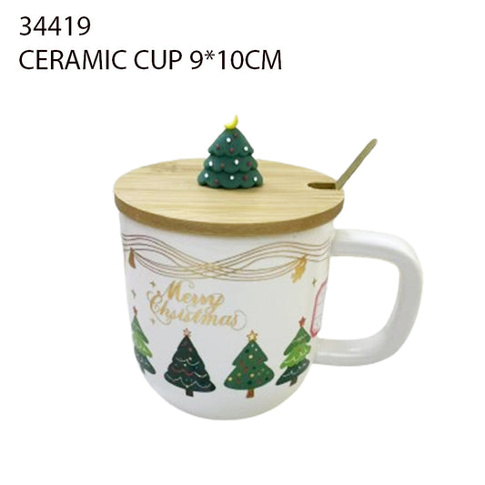 Ceramic Christmas Mug with Wooden Lid & Tree Topper – 9×10cm