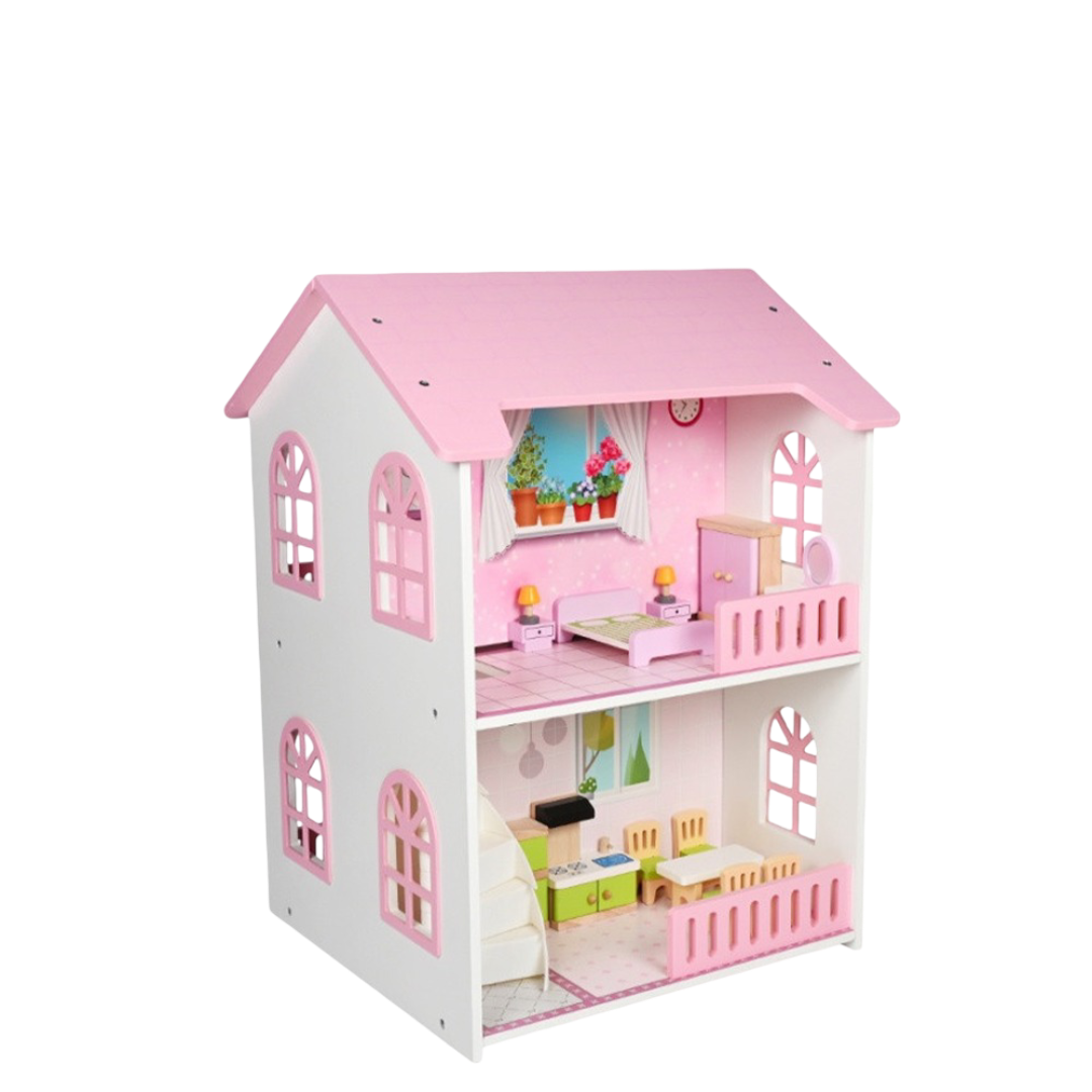 Pink Wooden Doll House with Furniture