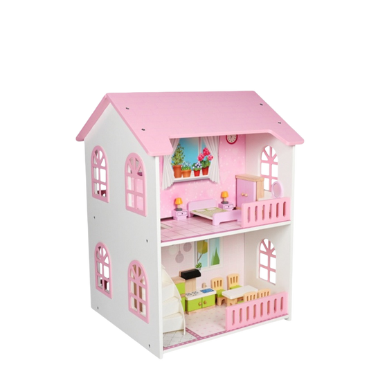 Pink Wooden Doll House with Furniture