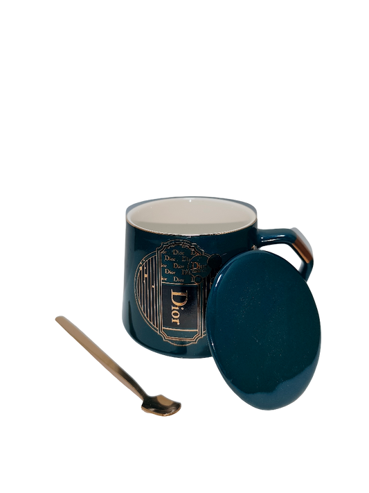 Dior Style Ceramic Mug with Lid & Spoon